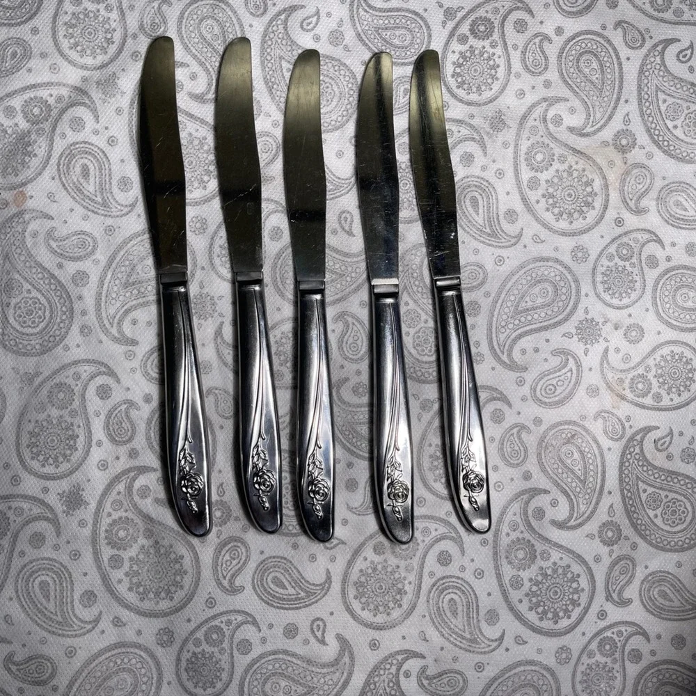 Vintage Stainless Steel Floral Handle Dinner Knives Set of 5
